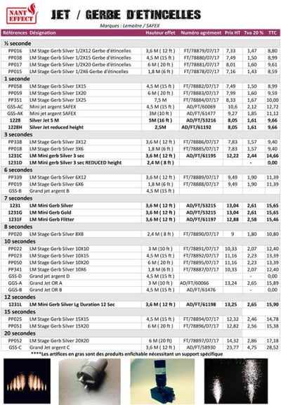 JETS ARTIFICES /TARIFS